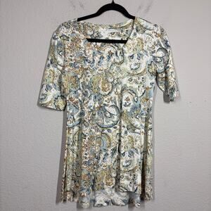 Peruvian Connection Size Small Top Blue Beige Paisley Cotton Blend Crew Neck